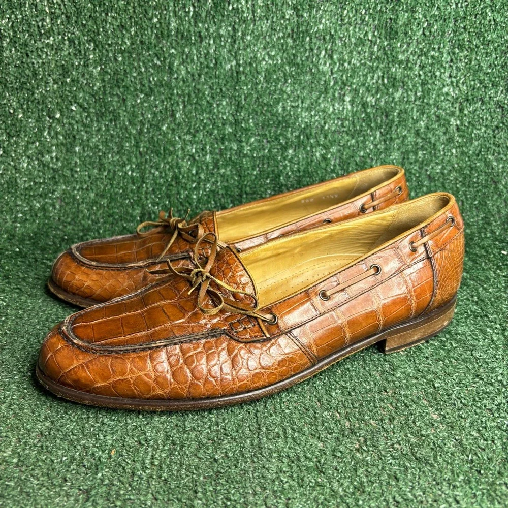 Zelli Genuine Alligator Leather Exotic Boat Style Tie Loafer Brown Men 11.5 Wide
